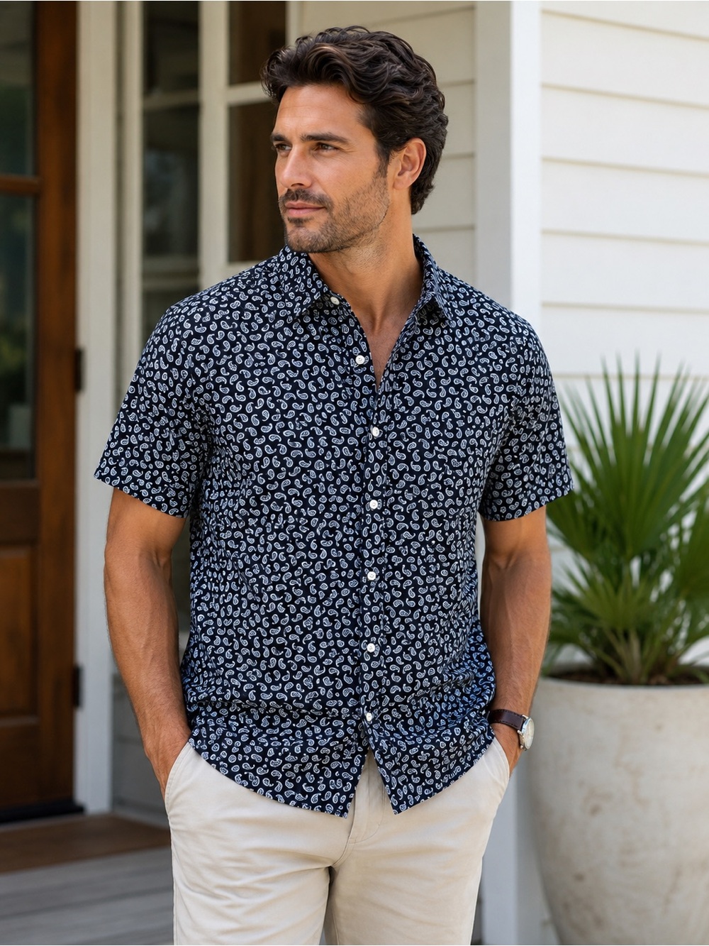 Men’s-Wrangler Navy Short Sleeve Button-Up, Paisley Print. Work Western Retro